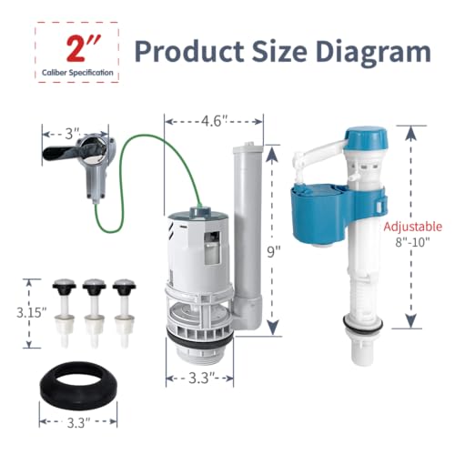 Toilet Tank Replacement Kit for Lever-Handle Toilets - Includes Water-Saving 2-Inch Dual Flush Valve Replacement with Integrated Handle & Adjustable Fill Valve