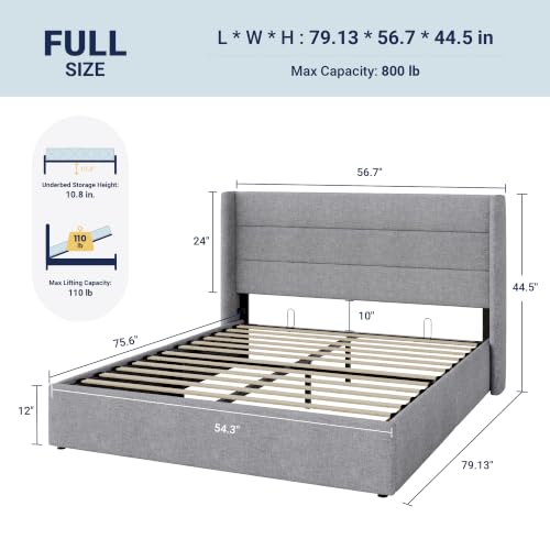 Allewie Full Size Lift Up Hydraulic Storage Bed Frame Light Grey - color: Light Grey, size: Full, style: Modern