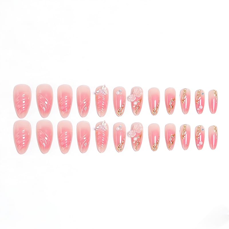 3D Pink Press on Nails Almond Medium French Tip Fake Nails with Embossed Flower Rose Butterfly&Charm Designs Glossy Finish Reusable False Nails 24Pcs Nail Kit for Women Manicure(3D Embossed design 2) - color: 3D Embossed design 2
