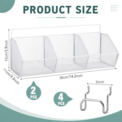 Hicarer 2 Pcs Divided Pegboard Baskets with 4 Hooks, 3 Grid,White | White, Wall Mount, Metal Peg Board Organizer Accessories, Pegboard Baskets, Workbench Bathroom Garage Storage, Rust Resistant - color: White