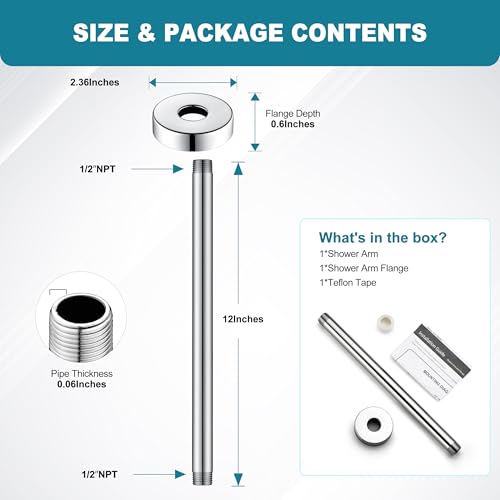 BRIGHT SHOWERS Shower Arm with Flange for Rainfall Shower Head, 12 Inch Ceiling Mount Straight Arm, Replacement Extension Pipe, Heavy-Duty Stainless Steel, Rust-Resistant, 1/2" NPT, Chrome - color: Chrome, style: 12 Inch