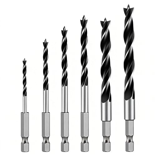 Brad Point Drill Bit Set, 6PCS Wood Drill Bits 1/8"-3/8" with Quick Change Hex Shank - Wood Drill Bit Set Professional for Hardwood, Plywood, Plastic, Ideal for Carpentry, DIY & Woodworking Projects - size: 6pcs