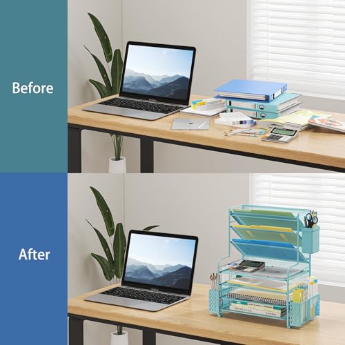 Simple Trending 7 Tier Desk File Organizer, Letter Tray Paper Organizer with Pen Holder and Metal Hanging Basket, Blue - color: Pen Holder Blue