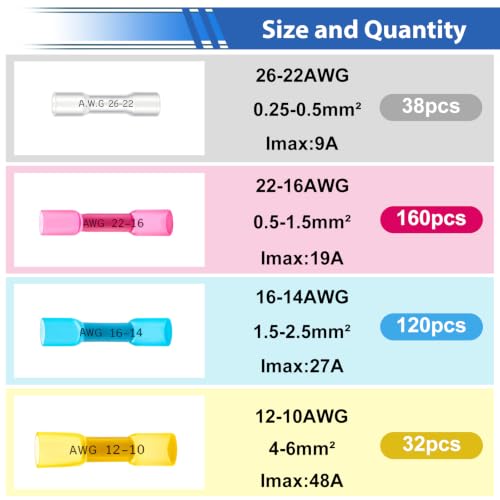 smseace 350PCS Heat Shrink Butt Connectors 26-14/22-16/16-14/12-10AWG Waterproof Electrical Wire Butt Crimp Connectors for Automotive Boat Stereo Industrial Equipment - size: 350Pcs