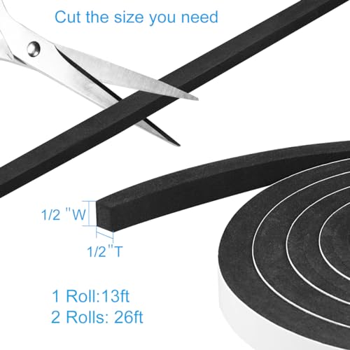 Seal Foam Tape, 2 Rolls 1/2 Inch W x 1/2 Inch T Weather Stripping for Door and Window,High Density Single Sided Closed Cell Door Insulation Weather Strip, 2 Rolls Total 13FT Black - size: 1/2"W x 1/2"T x 13FT