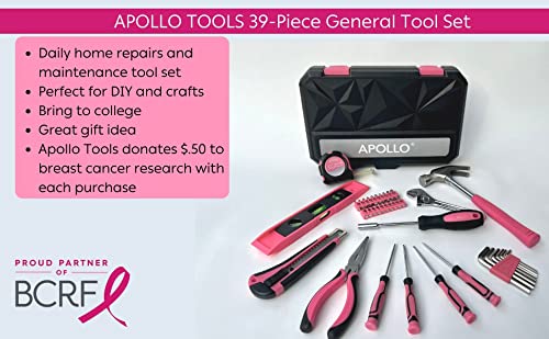 Apollo Tools 39 Piece General Household Tool Set, Pink DT9711P - color: Pink, size: 39-Piece (with Long Nose Pliers + Wrench)
