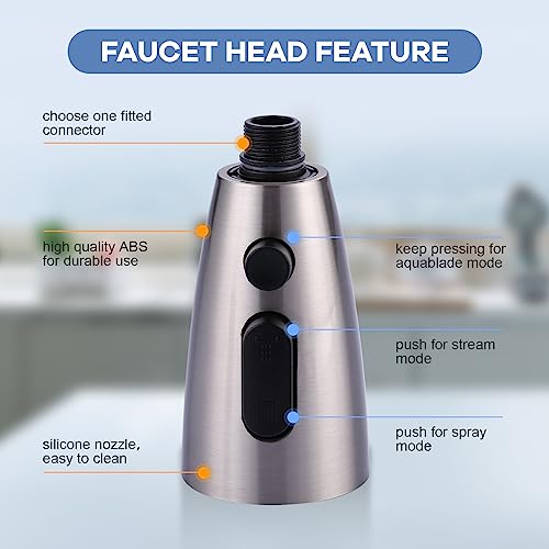 WOWOW Kitchen Faucet Head Replacement Brushed Nickel, 3 Function Pull Out Spray Nozzle with 9 Adapters for Kitchen Sink Faucet，American Standard for Moen Kohler Delta Faucets G1/2 Male Connector - color: Brushed Nickel