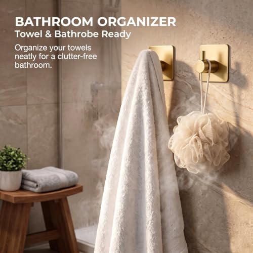 Fotosnow Gold Brushed 304 Stainless Steel Adhesive Wall Hooks, 15 lbs Heavy Duty No Drill Waterproof Rustproof Oil Resistant Anti-Slip Stick On Hooks-6 Pack - color: Gold-6 Pack