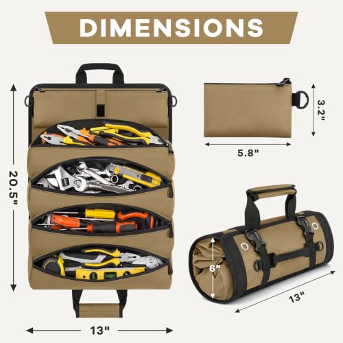 ANILD 13 Inch Regular Long Tool Bag Roll Up, Roll Up Tool Bag Organizer - color: Khaki, size: Regular