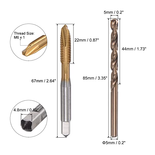 uxcell M6 x 1 Spiral Point Thread Tap and 5.0mm Drill Bit Set, Metric Titanium Plated Cobalt High Speed Steel Machine Screw Thread Tap Threading Tool - size: M6 x 1 + 5.0mm