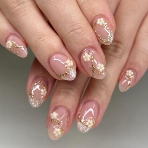 Mivota New Chinese Style 3D White Floral Press On Nails — Soft Nude Translucent Almond Nails with Gold Metal Lines, Pearls & Silver Glitter Accents, Elegant Handmade Bling Nail Set for Women - color: 82-Oval gold thread pearl flower