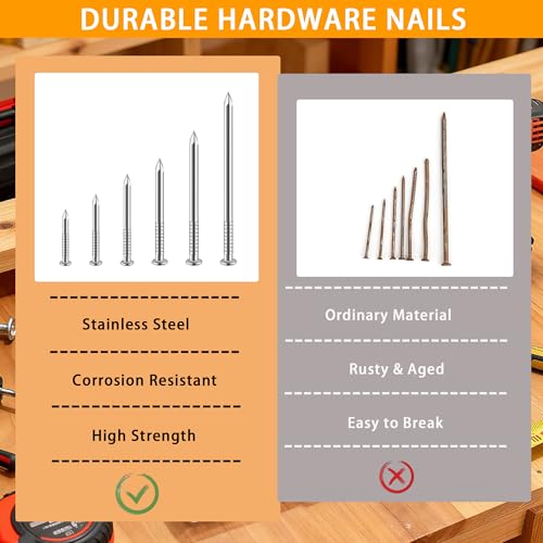 460pcs Hardware Nails Assortment Kit, Stainless Steel 304 Nails Kit, Wall Nails Kit,5 Size Picture Hanging Nails, Wood Nails, Finishing Nails(0.5inch,1inch,1.5inch,2inch,3inch) - size: 460pcs Nails Kit