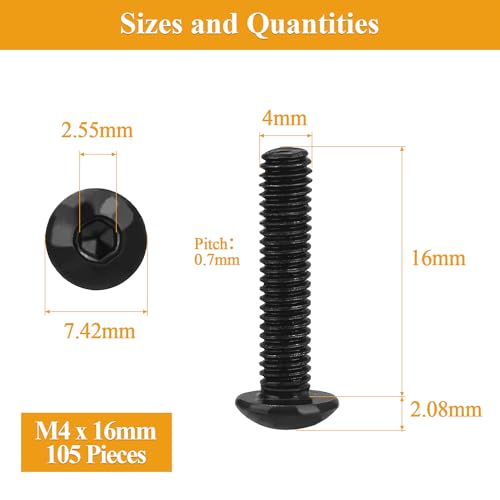 105 Pieces M4 x 16mm Button Head Socket Cap Screws, Thread Pitch 0.7mm, Sutemribor M4 Black Screws, 10.9 Grade Alloy Steel, Black Oxide Finish, Fully Threaded - size: M4 x 16mm, style: Button Head