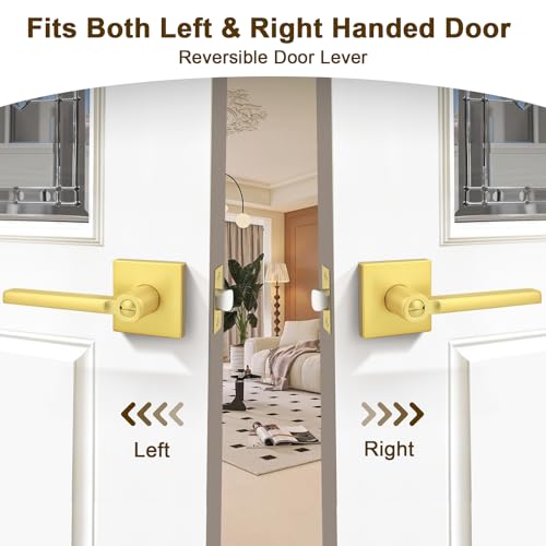 Probrico 6 Packs Gold Door Handles Interior Privacy Lever Lock Keyless Square Door Knob for Bedroom or Bathroom with Gold Finish for Right & Left Side Door Lock - color: Gold, size: 6