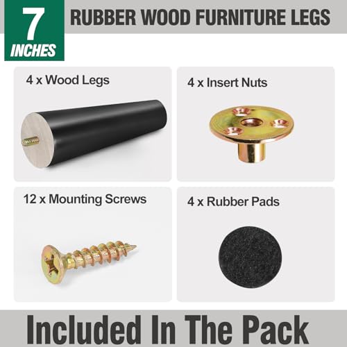 FoDau770 Rubber Wood Legs 7", Straight Taper, 5/16"-18 Thread, Black, 4pcs | Wood Couch legs - Mid Century Sofa Legs - Furniture legs Replacement for Cabinet Dresser Chair Ottoman - color: Black, size: 7 Inch - Straight (90°)