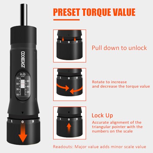 coobeast 49Pcs Preset 1/4” Drive Torque Screwdriver with S2 Bits | Torque Wrench Screwdriver Set, for Maintenance,Tools,Bike Repairing,Mounting,Inch Pound Torque Range 10-70 In-lb - size: 49 PCS