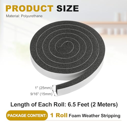 uxcell Weather Stripping Door Seal, 1" x 9/16" x 6.5 Ft Adhesive Foam Tape Seal Soundproof Insulation Strips for Door Frame Window Gaps (1 Roll, 6.5 Feet) - size: 1" x 9/16" (6.5 Ft)
