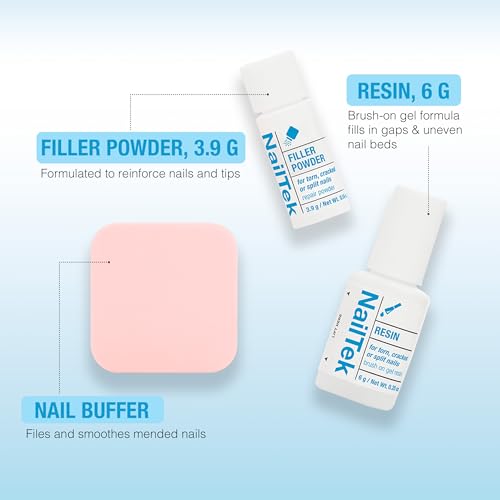 Nail Tek Nail Repair Kit for Torn, Cracked & Split Damaged Nails – Strengthener with Resin, Filler Powder & Buffer, Manicure Care Set, 1 Pack - color: Blue