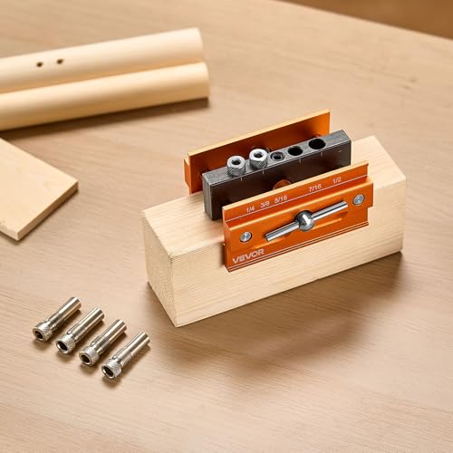 VEVOR Doweling Jig Kit, Self Centering Dowel Drill Jig for Straight Holes, Aluminum Alloy Woodworking Tools with 6 Drill Guide Bushings, Adjustable Width, for Wood Working, Drilling and Marking - size: Pro, style: Doweling Jig