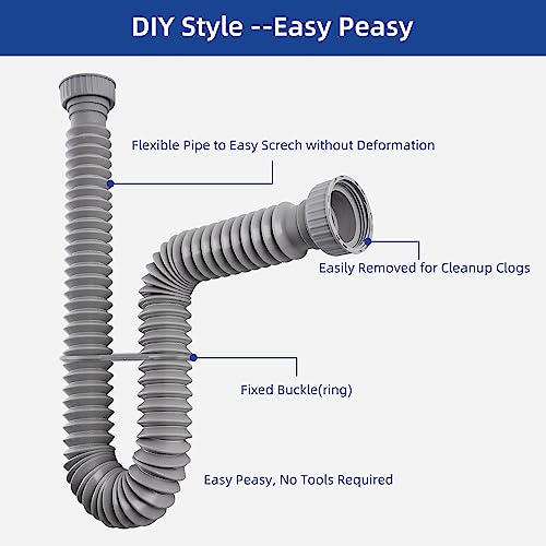 Sink Drain Pipe, Flexible Sink P-Trap Pipe for Kitchen & Bathroom, Gray - color: Gray