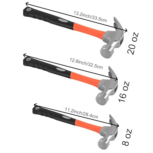 HOIGON 3 Pieces Claw Hammers, 20 oz 16 oz 8 oz Hammer Set with Fiberglass Handle & Polished Forged Steel Head for Household Repair