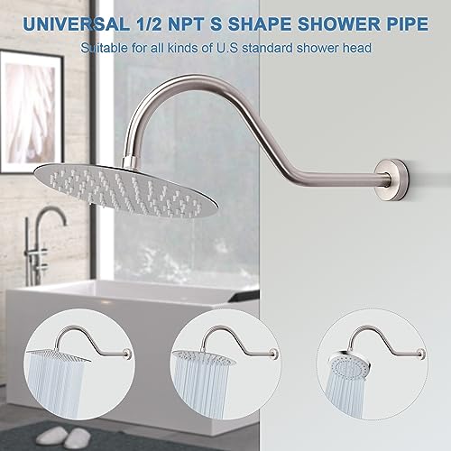 S Shaped Shower Arm, High Rise Shower Head Extension Pipe Standard 1/2" Connection with Flange, Awesome Shower Experience-Stainless Steel Bathroom Accessory(16 Inch J-S Shape, Brushed Nickel) - color: Brushed Nickel, style: 16" J Shape