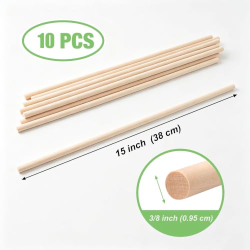 Wooden Dowels Wooden Sticks for Crafts 3/8 x15 in,10 PCS Wood Craft Sticks - size: 3/8"×15"- 10 PCS