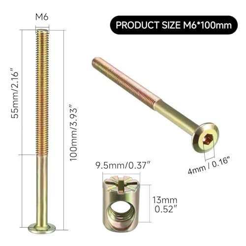 M6 x 100mm Bunk Bed Bolts, 10 Pack Bunk Bed Hardware Replacement Kit, Hex Socket Bed Bolts for Wooden Bed, Carbon Steel Headboard Screws for Bed Frame, Chair Spare Connector Parts - size: 100mm