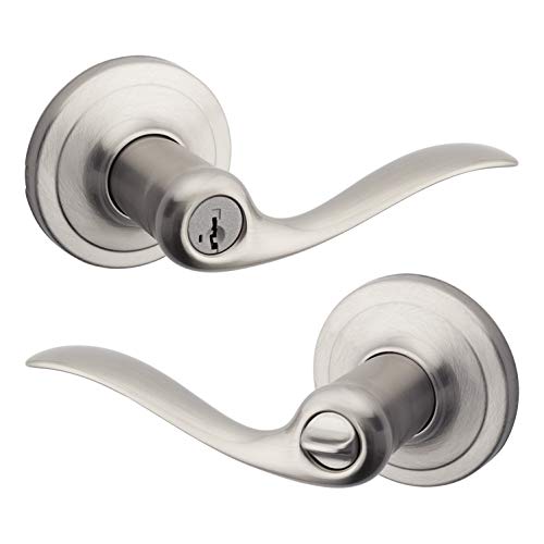 Kwikset Tustin Entry Door Handle with Lock and Key, Secure Keyed Reversible Lever Exterior, For Front Entrance and Bedrooms, Satin Nickel, Pick Resistant Smartkey Rekey Security and Microban