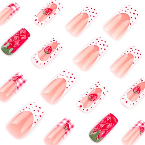 Strawberry Press On Nails Long Square 24pcs, Cute Fruit False Nails with Red Strawberry 3D Design, Pink Gingham French Tips Fake Nails, Glossy Stick On Acrylic Nails Reusable Nail Kit for Women Girls - color: 35-Nude Strawberry