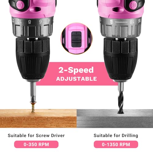 Power Drill Cordless: DEKOPRO Pink Cordless Drill 20V Electric Power Drill Set Tool for Women Drills with Battery and Charger 20 Volt Drills Driver Kit - color: Pink