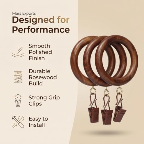 50 Pieces Natural Rosewood Wooden Curtain Rod Rings with Clips | 2 Inch Outer Diameter, 1.25 Inch Inner Dia | Fits 1 Inch Rod | Drapery Curtain Rings - size: 1.25 INCH Inner Dia