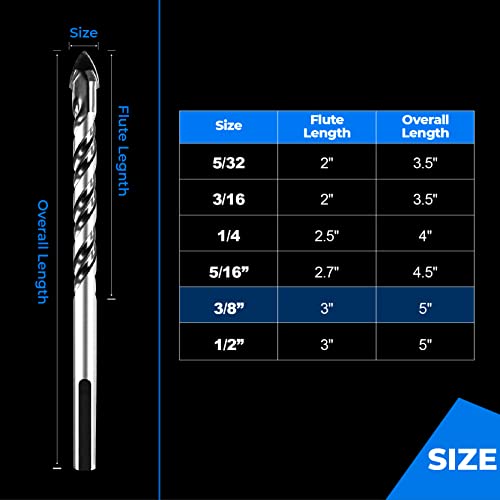 amoolo 3/8" Concrete Drill Bit & Masonry Drill Bit Set(2PCS), Carbide Tip Drill Bit Set for Tile, Brick, Cement, Concrete, Glass, Plastic, Cinder Block, Wood etc - size: 3/8"(2pcs)