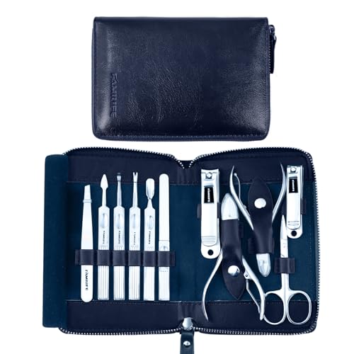 FAMILIFE Stainless Steel Manicure Set 11-in-1 Professional Nail Clipper Kit | Portable Leather Travel Case, Pedicure & Grooming Tools for Fingernails & Toenails, Luxury Gift for Men & Women, Navy Blue - color: Navy Blue