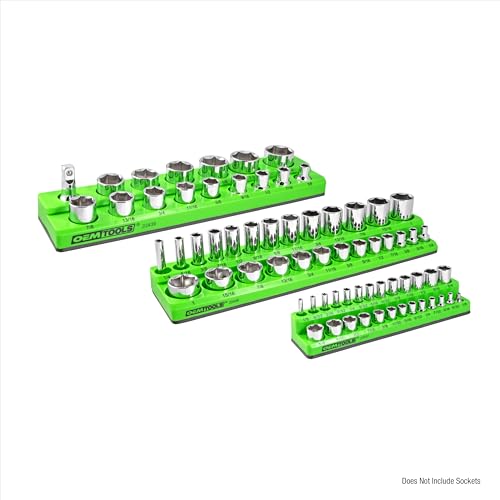 OEMTOOLS 3-Pc Magnetic Socket Organizer for 68 Deep & Shallow SAE Sockets | SAE Magnetic Socket Holder, Non-Marring Rubberized Base Socket Holders, Holds 1/4, 3/8, 1/2 Inch Sizes, Clearly Marked Sizes - style: 3Pc Green