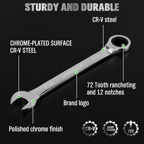 12-Piece Ratchet Wrench Set, Metric 6-18mm Ratchet Combination Wrenches Set, 12-Point 72-Tooth Ratcheting Spanners with Magnetic Base Organizer, Chrome Vanadium Steel for Automotive Mechanic Tool - style: Ratchet Metric