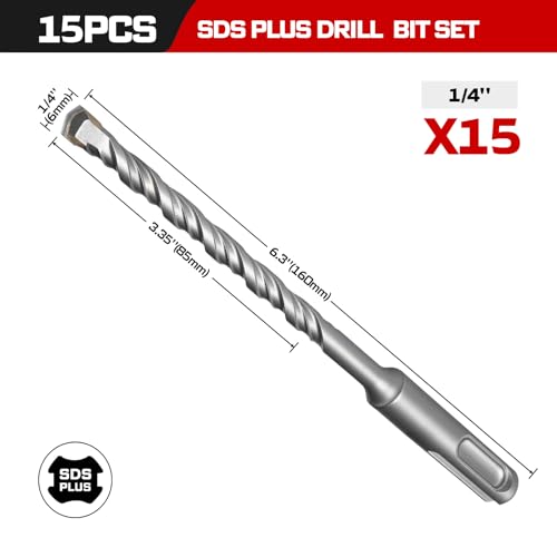 Geinxurn 1/4” x 6" SDS Plus Rotary Hammer Drill Bits, 15PCS Double Thread Masonry Drill Bits Set Carbide Tipped, Drilling in Brick, Stone and Concrete, Cement Walls - size: SDSBIT010406-015