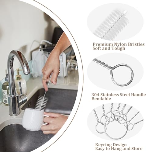 Yolaist 8 Pcs Bottle and Straw Cleaner, Long Deep Nylon Brush with Bendable Stainless Steel Flexible Handles for Bottles, Straws, Pipes, Wine Decanter, Sinks and Cup Cover