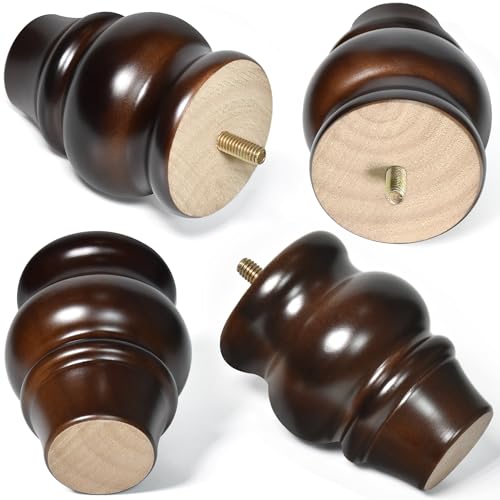 Furniture Legs, Wood Sofa Legs, Turned Couch Legs, Round Furniture Feet for Dresser, Sideboard, Recliner, Coffee Table (Dark Brown, 4 inch) - size: 4 inch