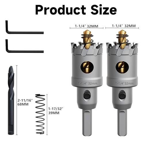 Metal Hole Saw 1-1/4''(32mm) 2Pcs Set Heavy Duty Tungsten Carbide Tipped Hole Cutters Set with a nitrided Step Drill and L-flench, for Steel Iron,Aluminum,Stainless stell,Plastic - size: 1-1/4''(32mm)-2PCS