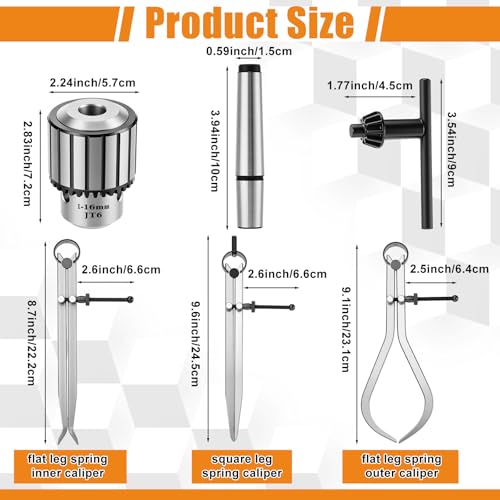 13 Pcs Woodworking Tool Set Include 8 Wood Turning Chisel Lathe Chisel, 3 Spring Caliper Divider, Double Edge Woodworking Hand Saw, 5/8 Inch Keyed Drill Chuck with MT2 Arbor Taper