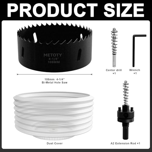 Bi-Metal Hole Saw 4-1/4 Inch with 4-Hole Hollow Center Design & Dust Bowl Catcher – 108mm Hole Cutter for Recessed LED Lights, Cuts Wood, Metal & Drywall, Ideal for Lighting Installation - size: 4-1/4" & BLK