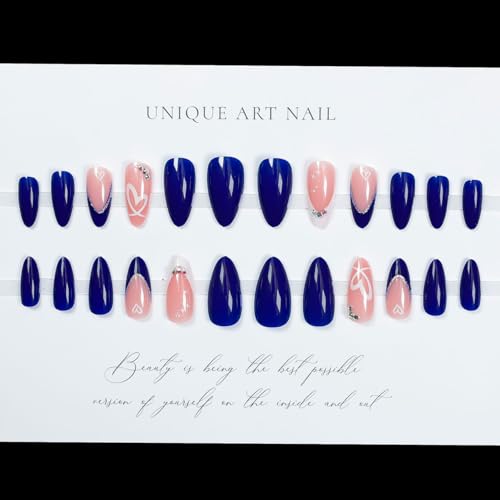 LPOODDNU Press on Nails Almond Medium - Blue French Tip Fake Nails with Heart&Diamond Designs, Glossy Finished Reusable False Nails with Double Adhesive Glue Tabs - 24Pcs Nail Kit for Women Manicure - color: blue french tip heart