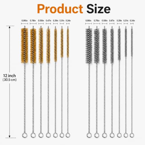 14PCS Tube Cleaning Brush Set, 7 Brass & 7 Stainless Steel Wire Brushes, 12-Inch Long Pipe Cleaner Kit, 7 Sizes Round Bore Brushes for Fuel Lines, Auto and Engine Parts