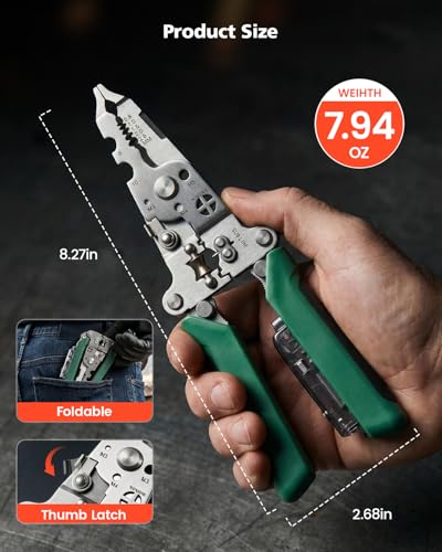 16-in-1 Wire Stripper 20–4/0 AWG with 12-250V Voltage Tester & Alarm Rechargeable Heavy Duty Foldable Wire Stripper Crimper, Cutter for Home Use, Electrical Repairs, DIY