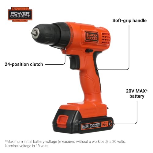 BLACK+DECKER 20V MAX* POWERCONNECT Cordless Drill Driver Kit with Drill Bit Set and Sockets, 100 pc. Tool Kit for Home, Battery and Charger Included, Orange (BDC120VA100)