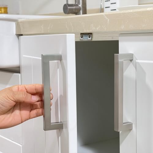 Cabinet Pulls Brushed Nickel Cabinet Handles Square Drawer Pulls, 5 Pack 5 Inch Stainless Steel Kitchen Door Cupboard Cabinet Handles, Cabinet Hardware Drawer Handles, 128mm Hole Centers - color: Brushed Nickel, size: Two Hole - 5 inch Hole Centers(128mm)