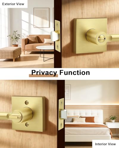 Probrico Interior Door Handles with Lock, Brushed Gold Privacy Levers for Bedroom Bathroom, Heavy Duty Square Reversible Lockset, 10 Pack - color: Gold
