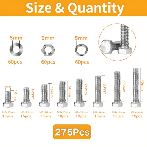 M5 Hex Cap Bolts 275Pcs Metric M5x10/12/16/20/25/30/35/40mm 304 Stainless Steel Screws External Hex Drive Heavy Duty Hexagon Cap Bolts Nuts Flat Lock Washers Assortment Kit - size: M5