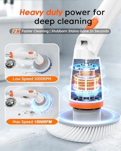 TUYU Electric Spin Scrubber,1500RPM Powerful Cleaning Brush for Home - color: White Orange